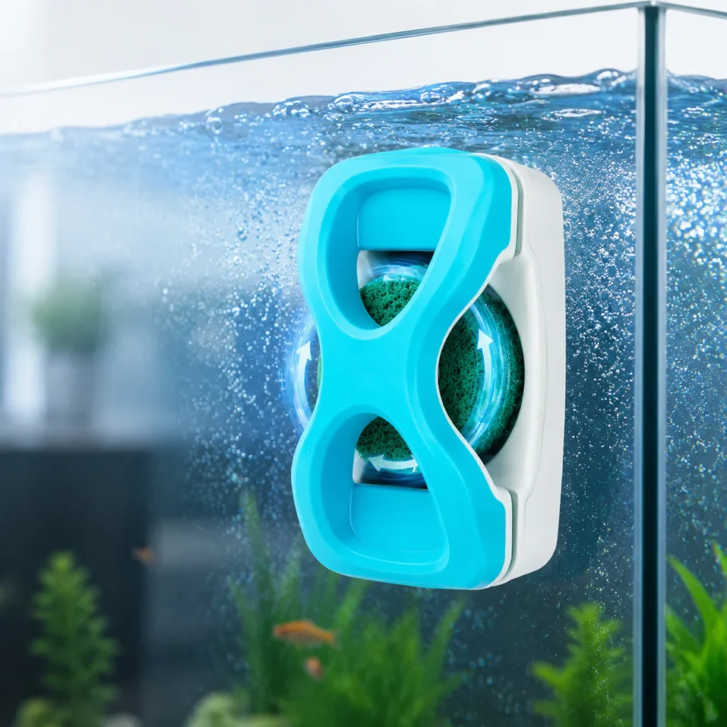 Underwater operation of automatic magnetic aquarium cleaner with rotating cleaning pads