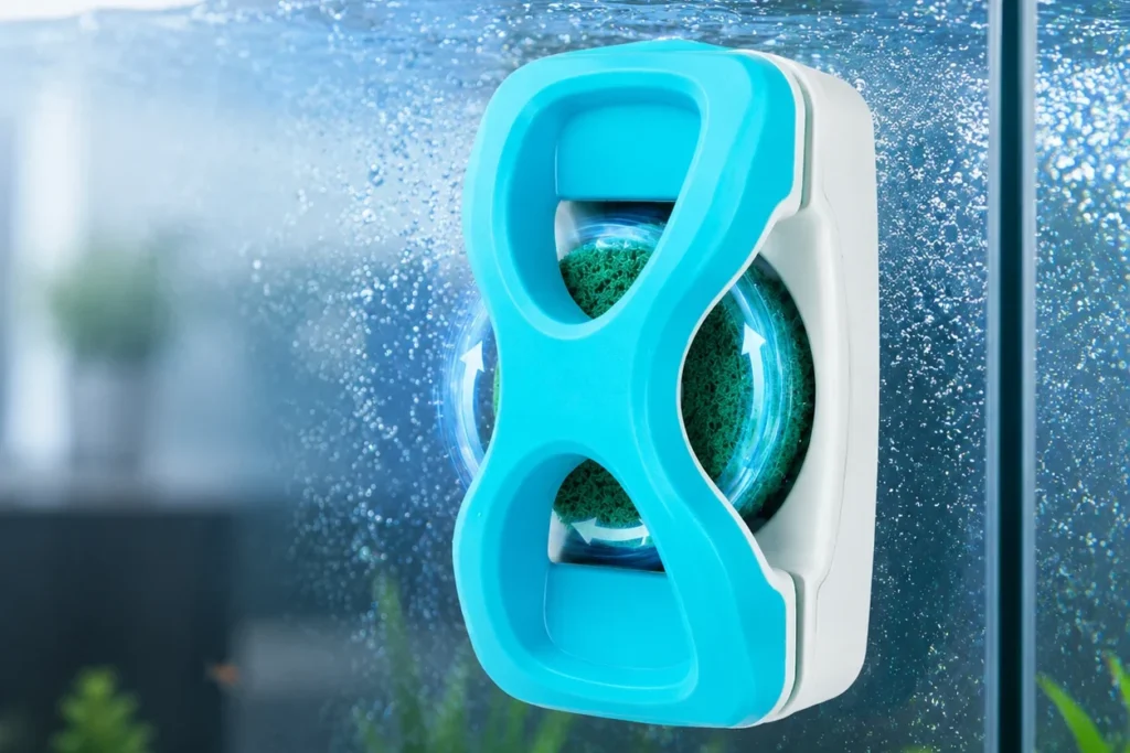 Underwater operation of automatic magnetic aquarium cleaner with rotating cleaning pads