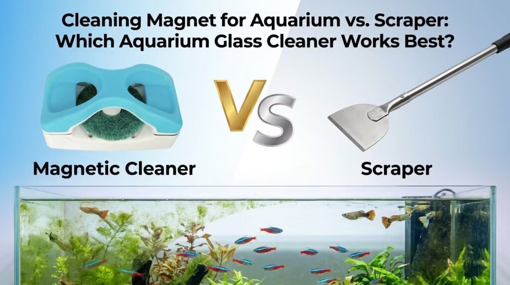 Comparison infographic between a magnetic cleaner and a traditional scraper for aquarium glass maintenance