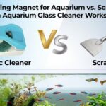 Comparison infographic between a magnetic cleaner and a traditional scraper for aquarium glass maintenance