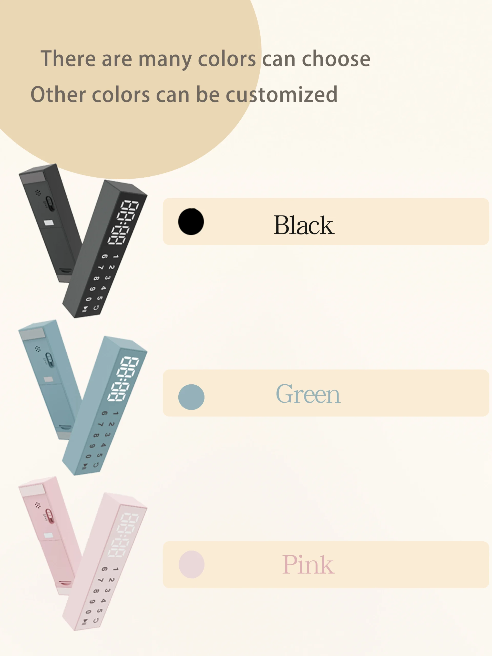 Multiple color variants of digital timer clock including black, green, and pink