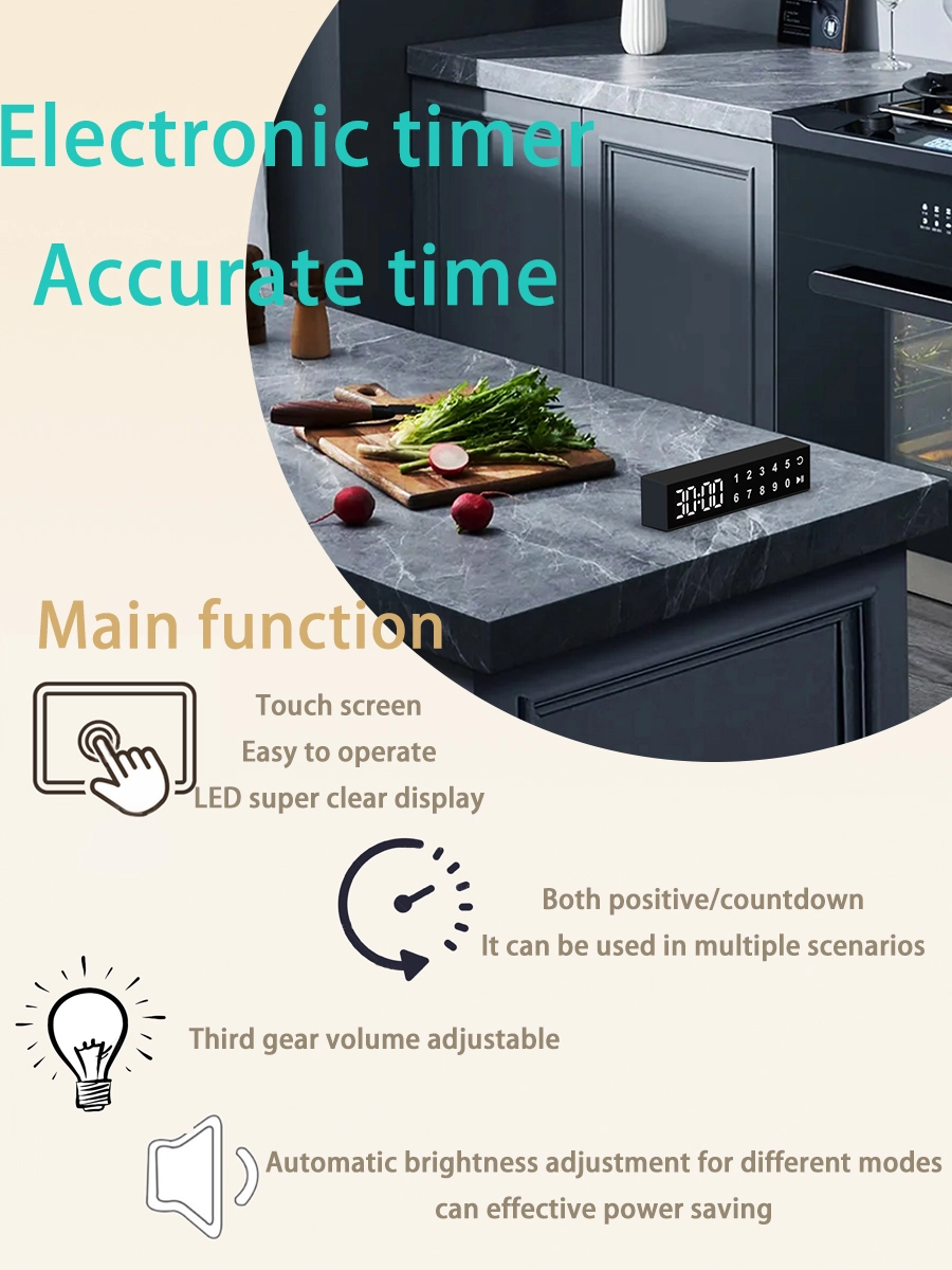 Electronic touch timer clock highlighting LED super clear display and accurate time functions