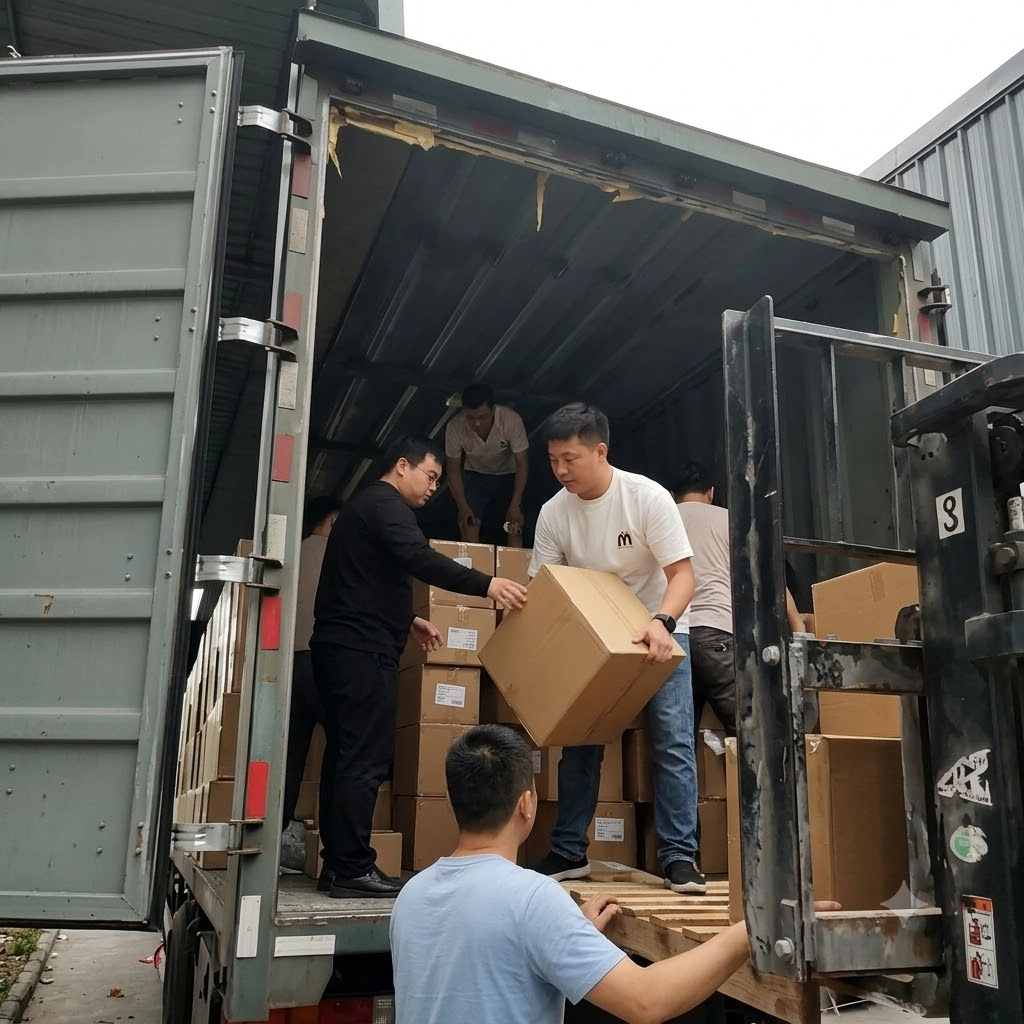 Hioceans factory workers loading bulk order cargo boxes into a shipping container truck for global logistics