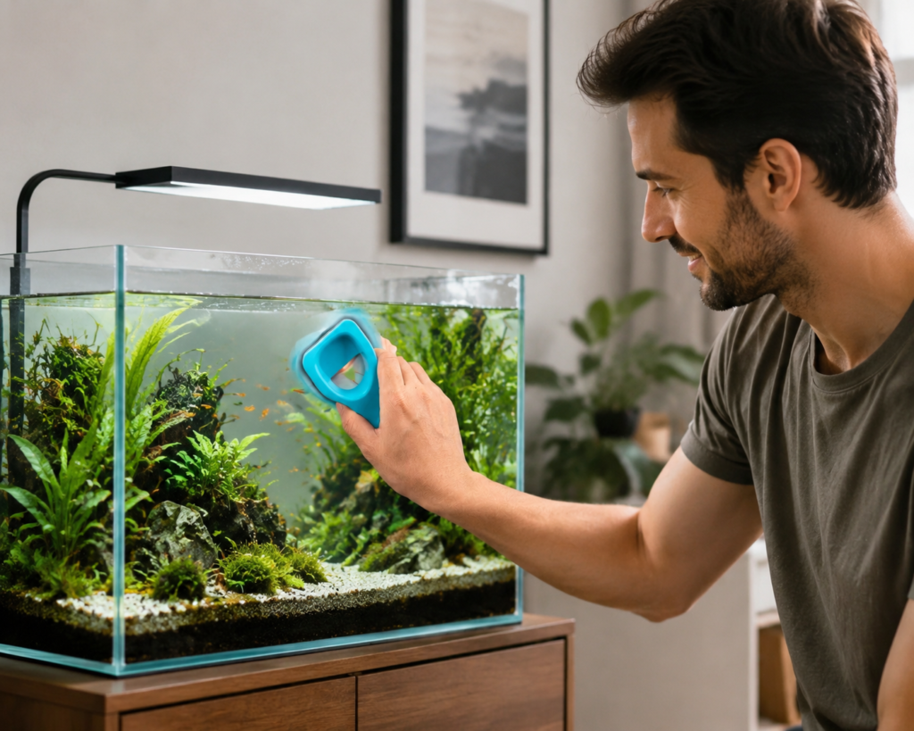 A man cleaning a planted fish tank using the Hioceans flat rounded blue magnetic aquarium cleaner