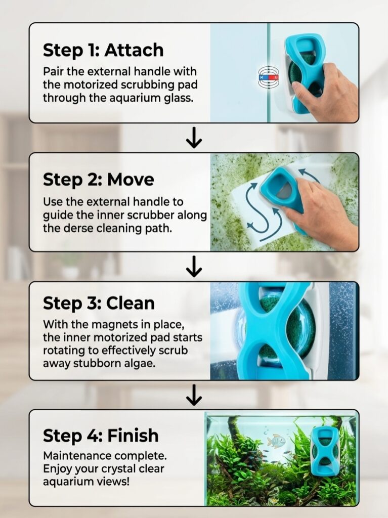 Step by step instruction guide on how to attach move clean and complete maintenance using Hioceans motorized magnetic aquarium cleaner