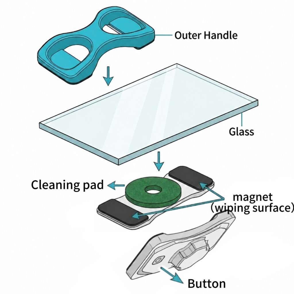 Hioceans magnetic aquarium cleaner exploded view showing outer handle glass barrier cleaning pad magnet and button structure