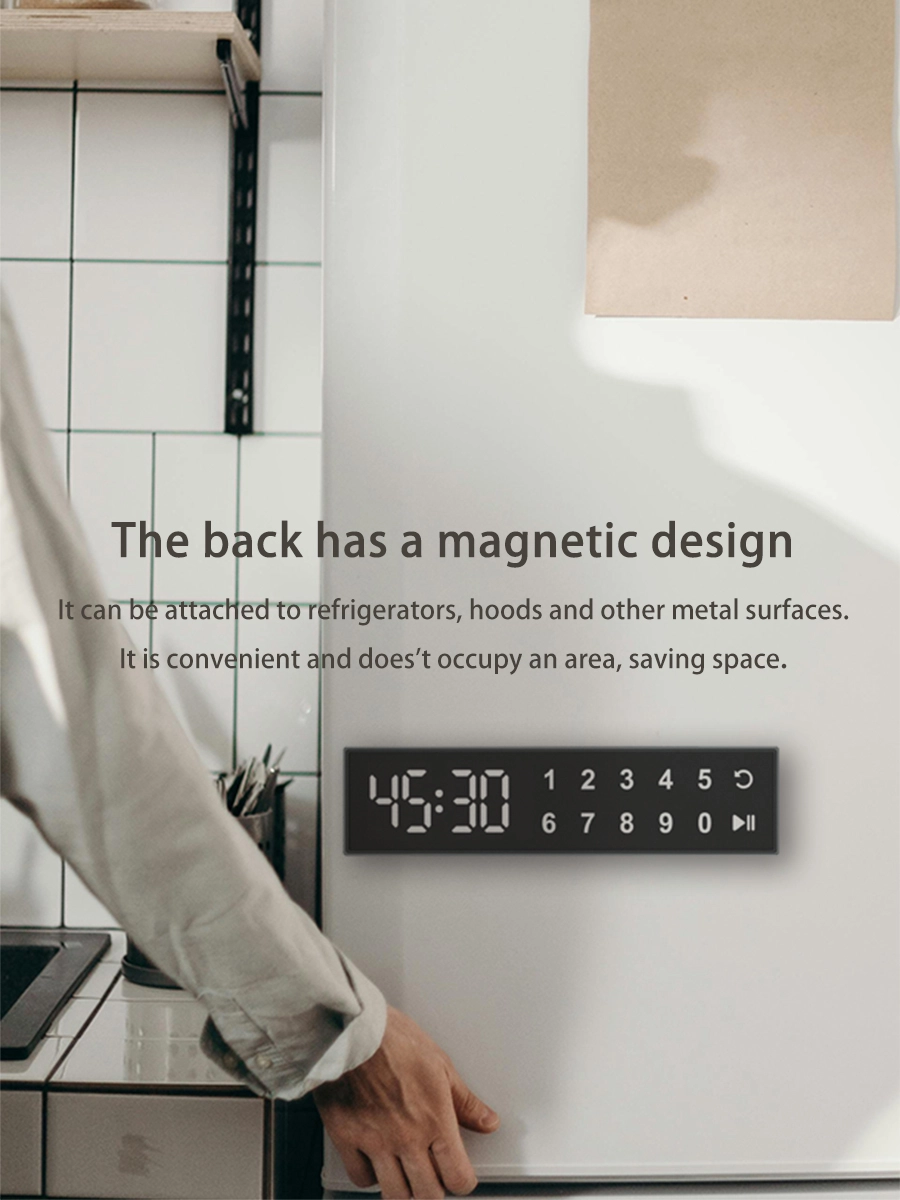 Magnetic back design of digital timer clock attached securely to a kitchen refrigerator