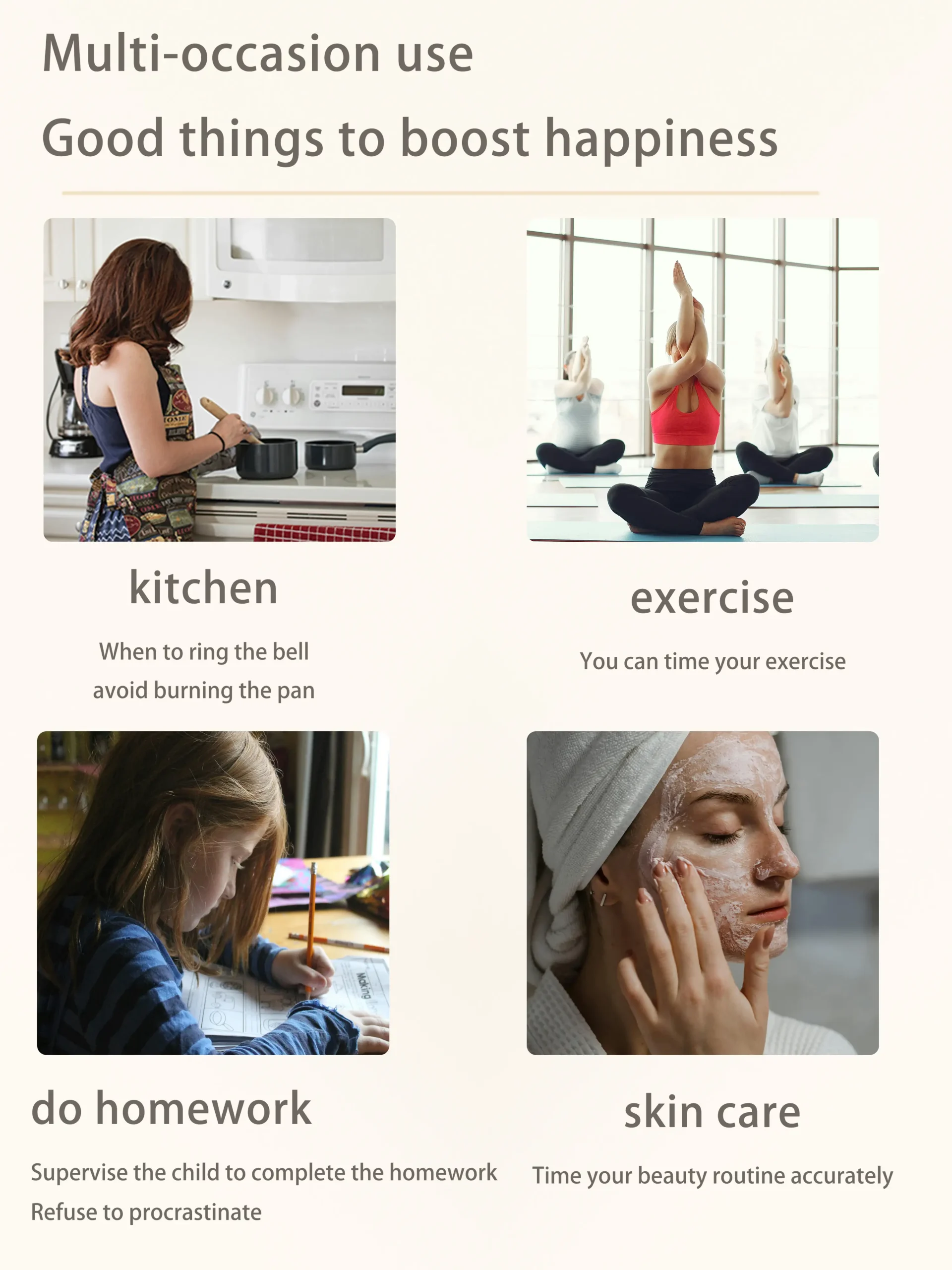 Multi-occasion use of magnetic digital timer clock for kitchen, exercise, homework, and skincare