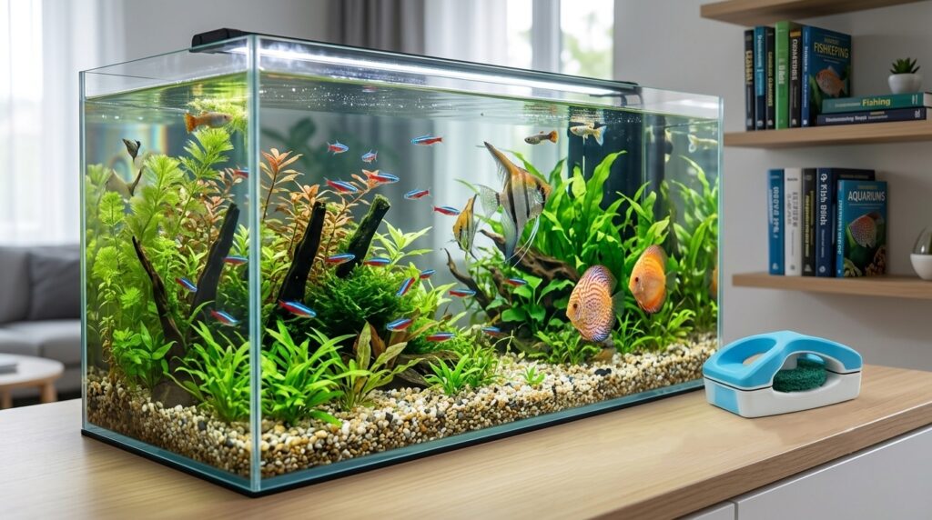 Hioceans motorized magnetic aquarium cleaner placed on a wooden table next to a beautiful planted fish tank with tropical fish