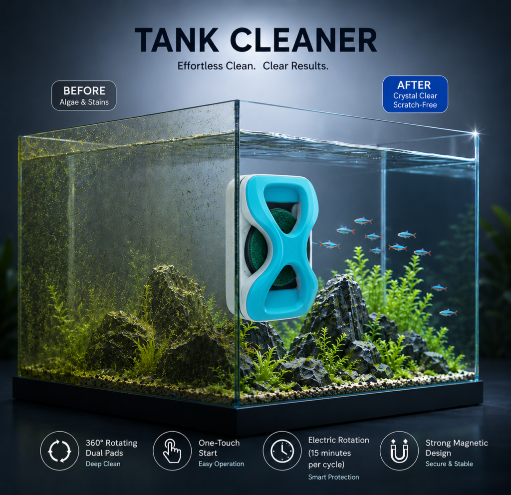 Hioceans motorized aquarium tank cleaner showing before and after algae removal results with product features