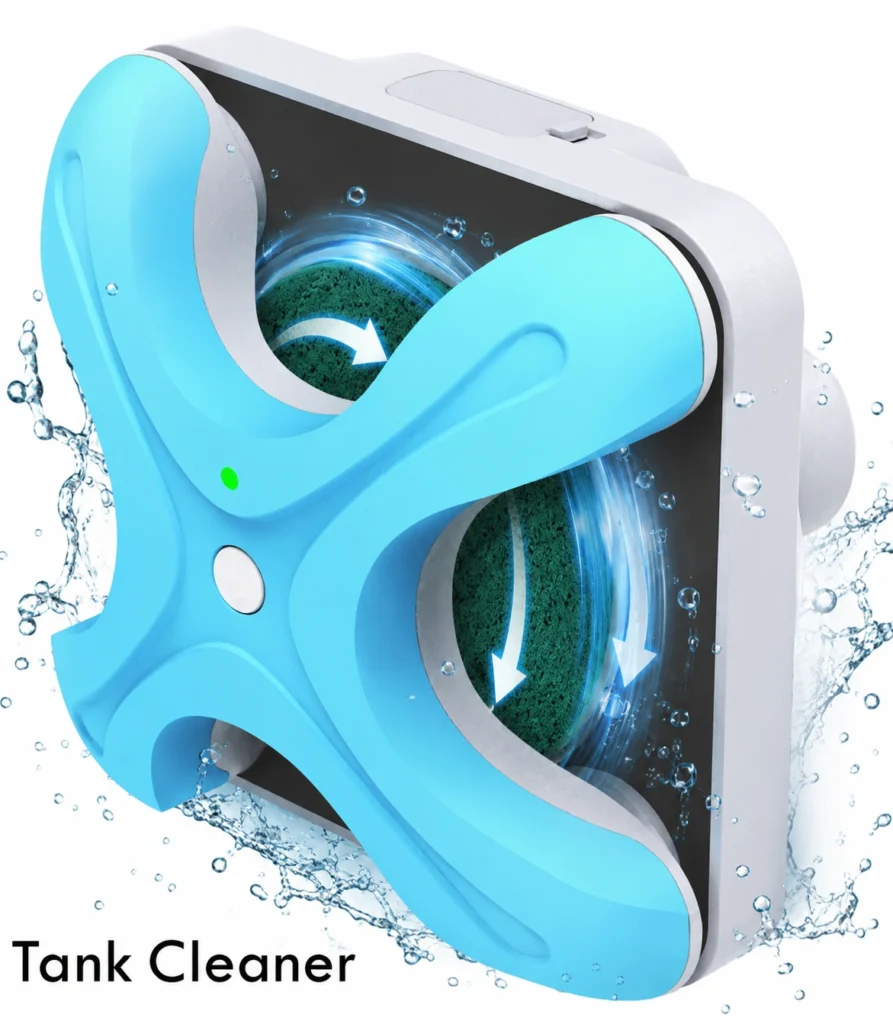 Hioceans motorized aquarium tank cleaner featuring an X-shaped blue frame and rotating scrub pads
