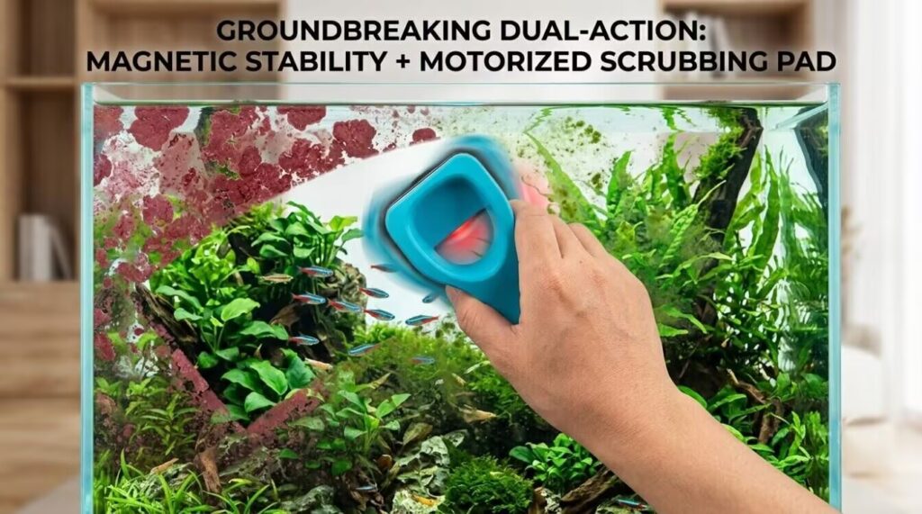 Hioceans motorized magnetic aquarium cleaner with dual-action technology removing stubborn algae from fish tank glass