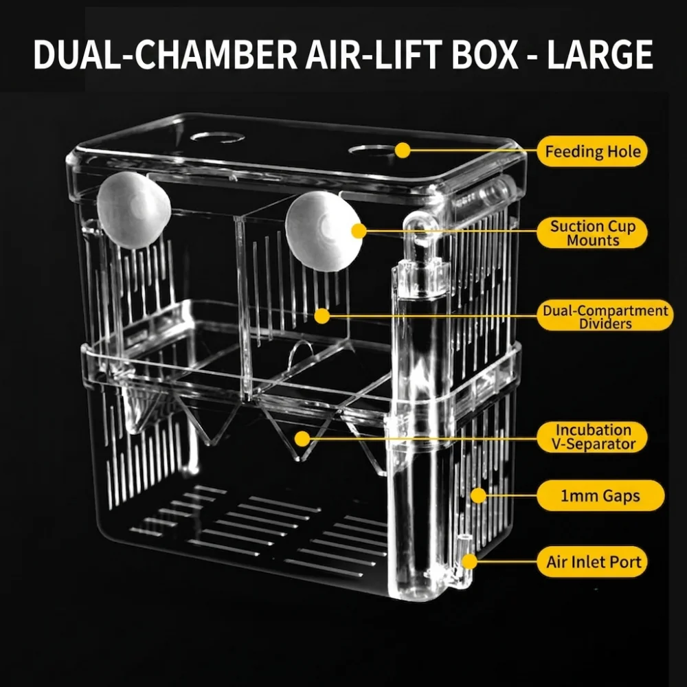 Dual chamber acrylic aquarium fish breeding box with air-lift system, V-separator and suction cups