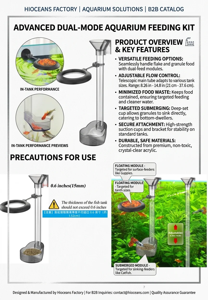 Advanced dual-mode aquarium feeding kit with floating ring, extendable tube and adjustable flow control for flake and granule food