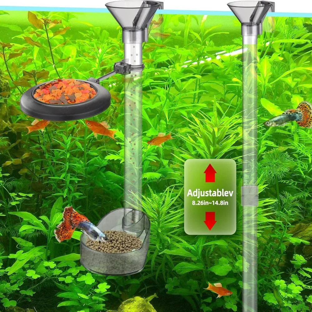 Adjustable clear acrylic aquarium feeder tube with feeding dish and floating ring used in planted fish tank