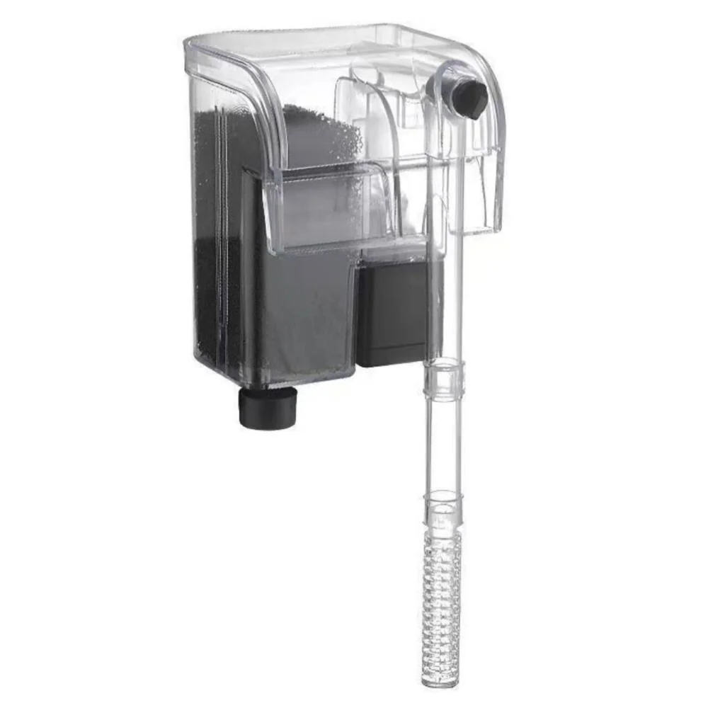 Compact clear acrylic aquarium hang on back HOB filter with biological filter cartridge and intake pipe