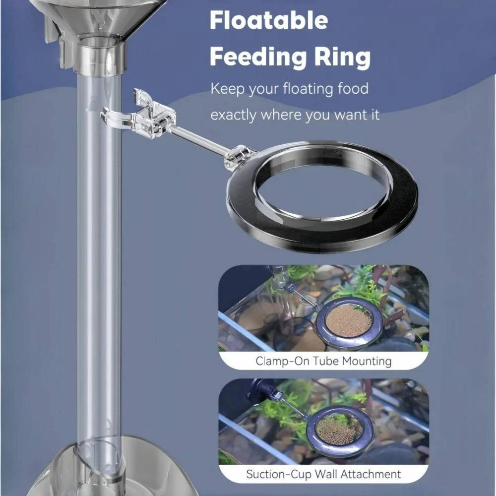 Floating fish feeding ring for aquarium with clamp-on tube mounting and suction-cup wall attachment options