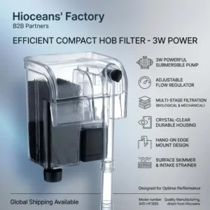 Hioceans 3W compact aquarium HOB filter poster with biological filtration and surface skimmer for small fish tanks