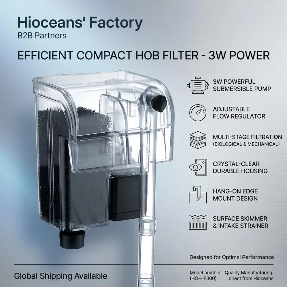Hioceans 3W compact aquarium HOB filter poster with biological filtration and surface skimmer for small fish tanks