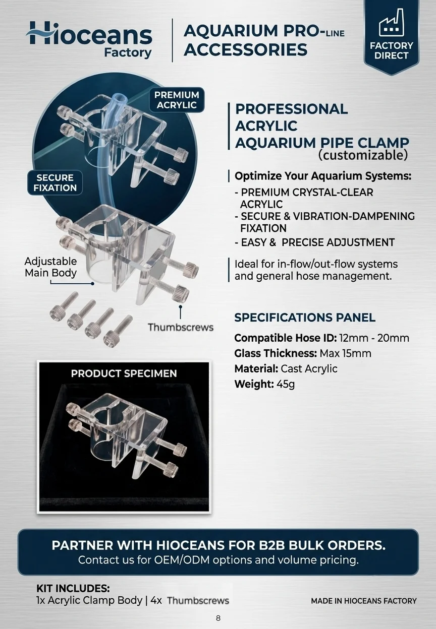 Professional acrylic aquarium pipe clamp manual and specification sheet showing 12mm-20mm hose size and 15mm glass thickness limit